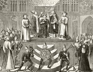 1399年10月13日、イギリスのヘンリー4世の戴冠式、ウィリアムヒックマンスミスオーブリー（1858-1916）による「イギリスの国内および国内史」からのロンドン発行、1890年頃 作： English School